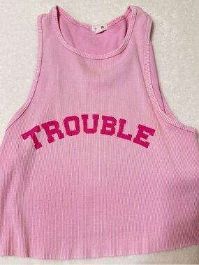 Garage Pink Ribbed Crop Tank with Fuchsia 'TROUBLE' Graphic